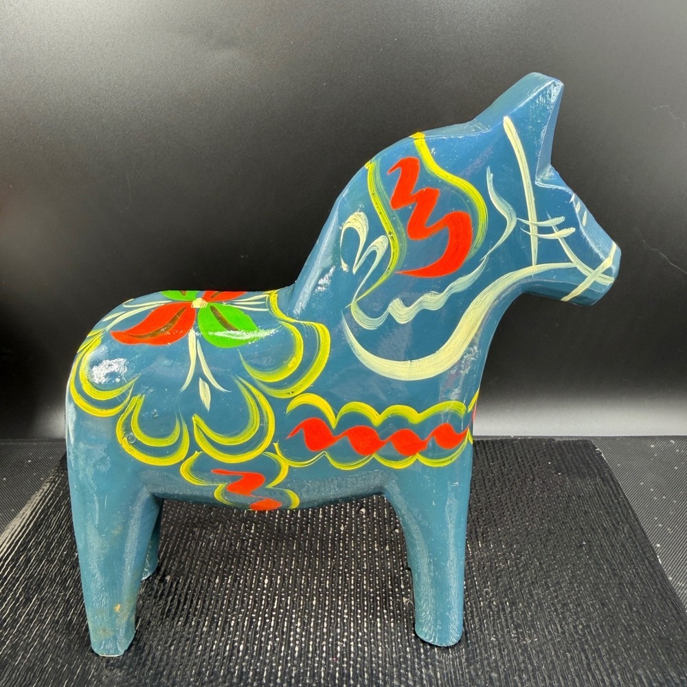 Vintage Akta Dalahemslojd Swedish Dala Horse Blue Hand Painted Wood Folk Art 7" - Picture 9 of 15